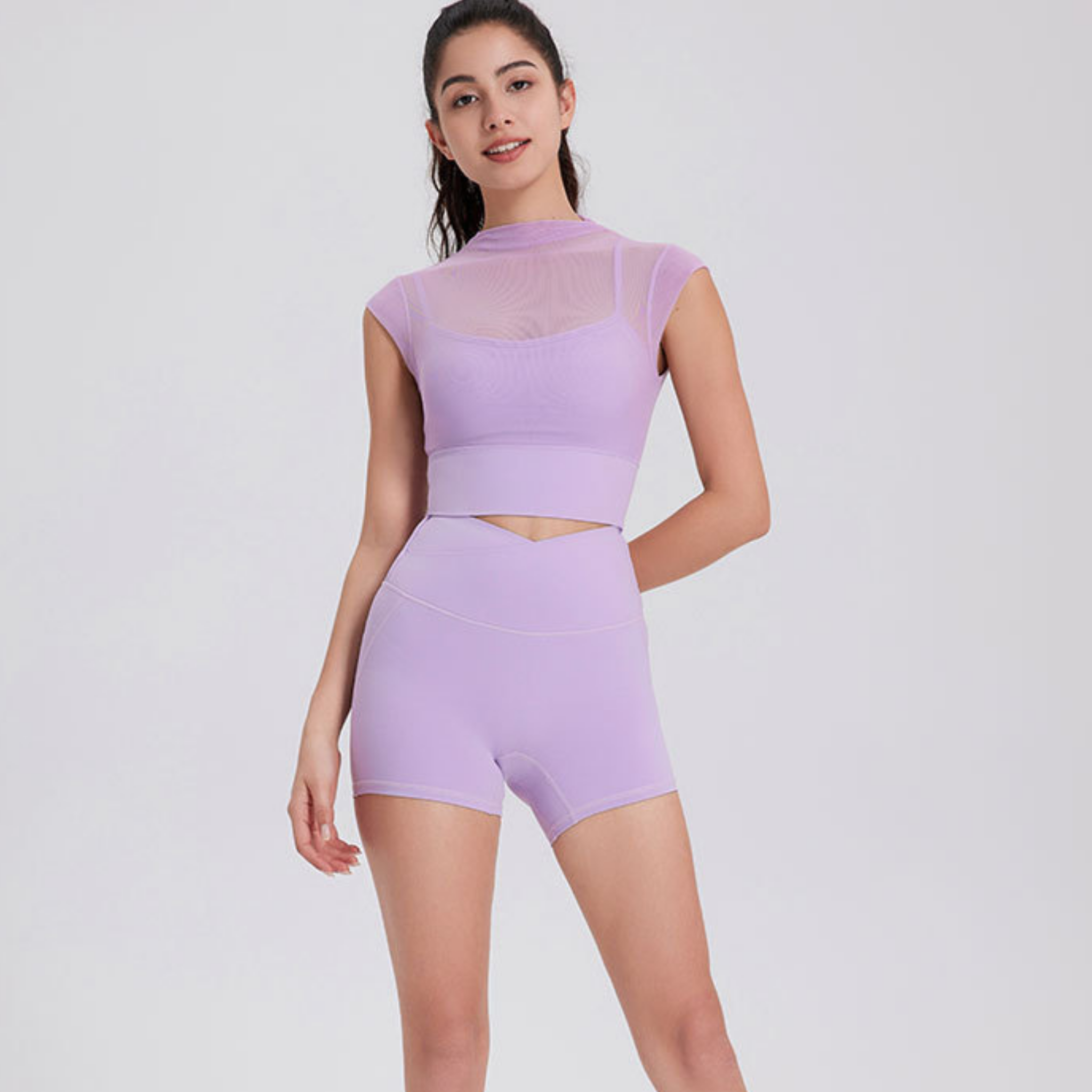 シースルー　フェイクツーピース　ハイネック　スポーツブラ