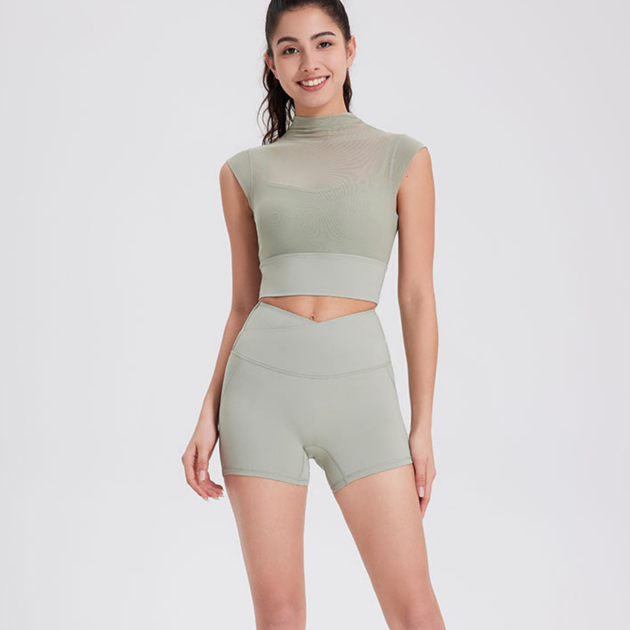 シースルー　フェイクツーピース　ハイネック　スポーツブラ