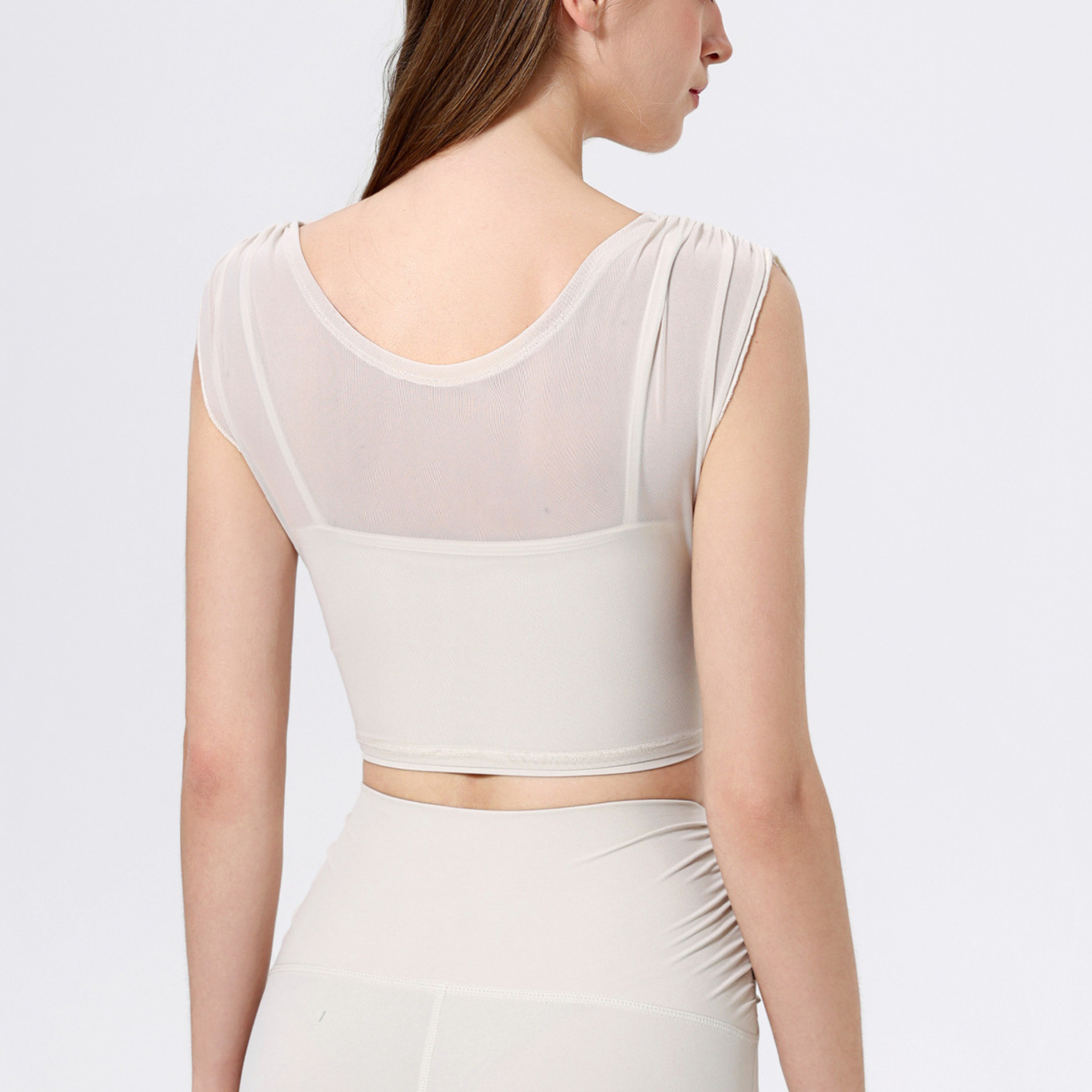 胸パッド付　メッシュフェイクツーピース　半袖　ヨガトップス