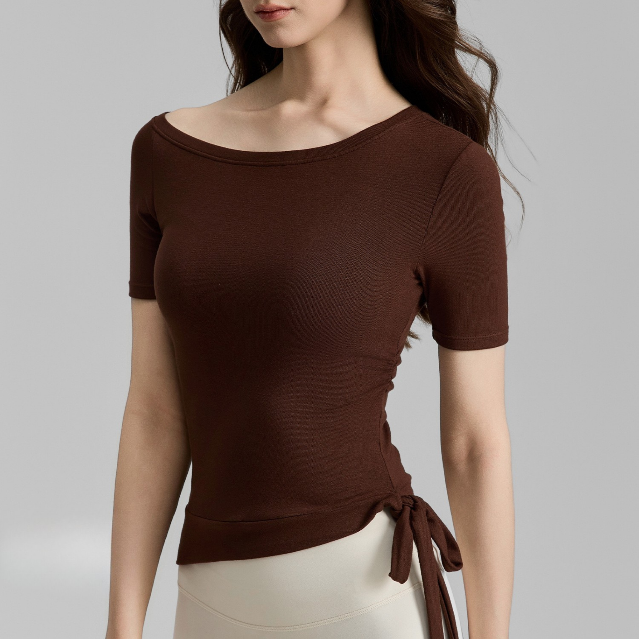 ワンショルダー　リブ編み　半袖トップス