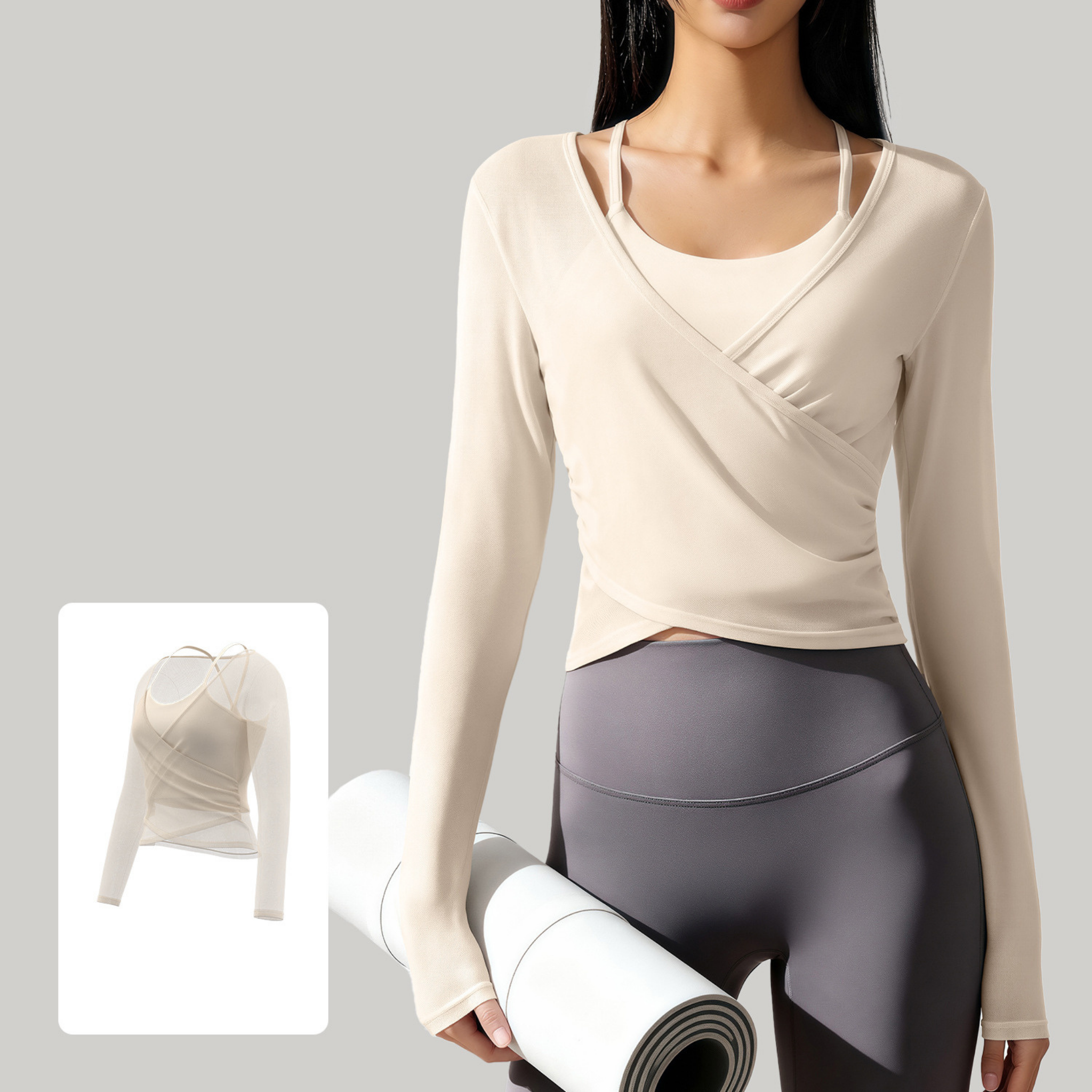 胸パッド付　フェイクツーピース　長袖ラップトップス