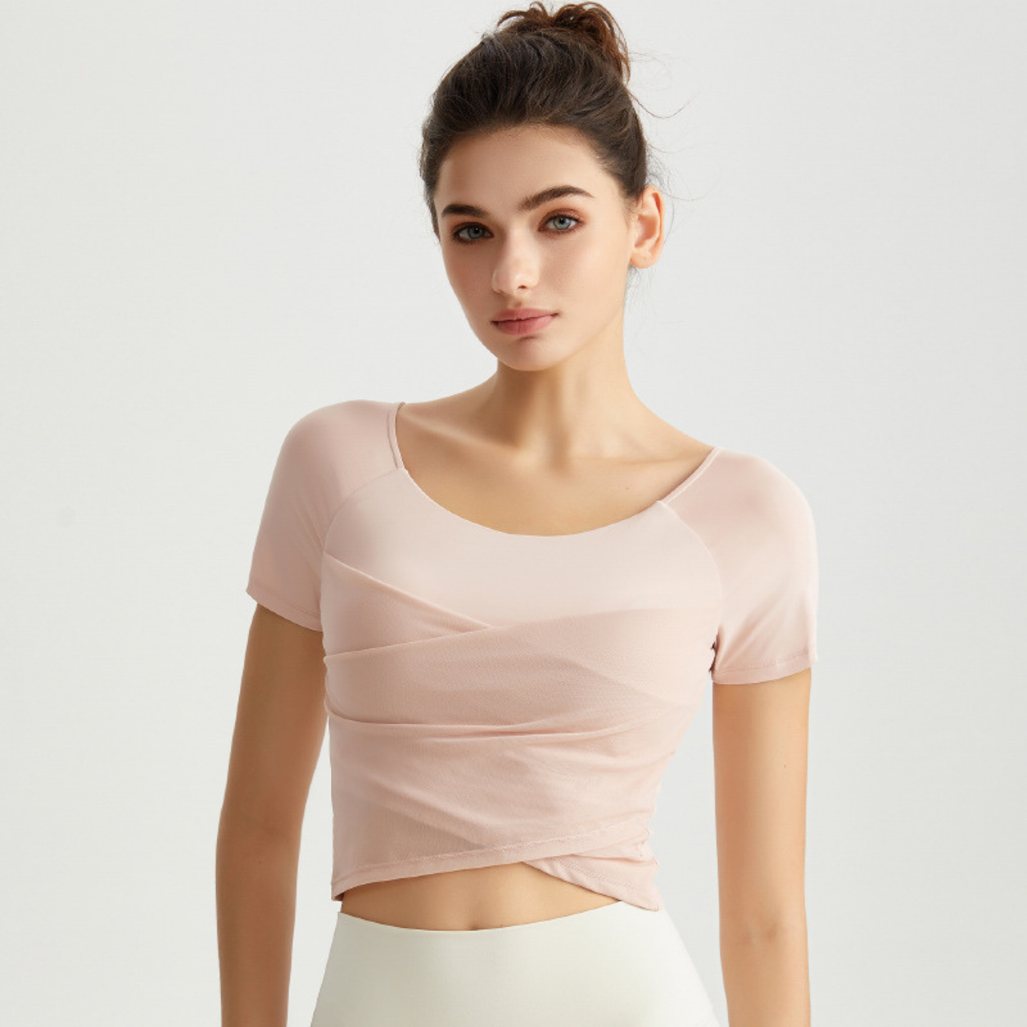 ラウンドネック　クロスメッシュ　ヨガトップス