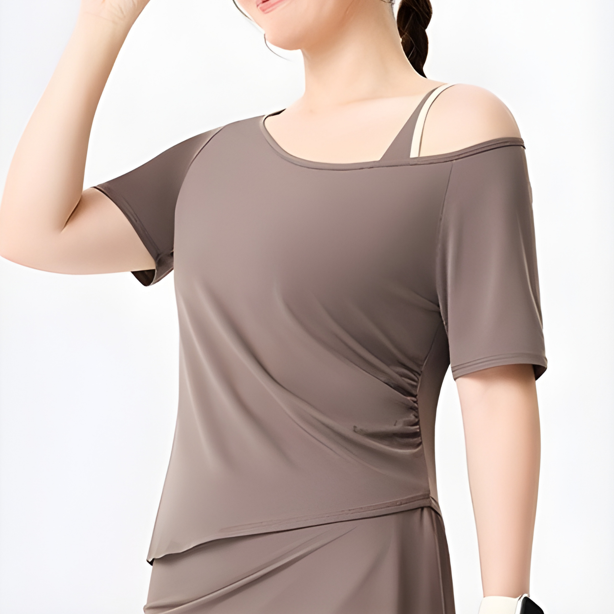 ショルダーレイヤード　サイドウエストギャザー　半袖