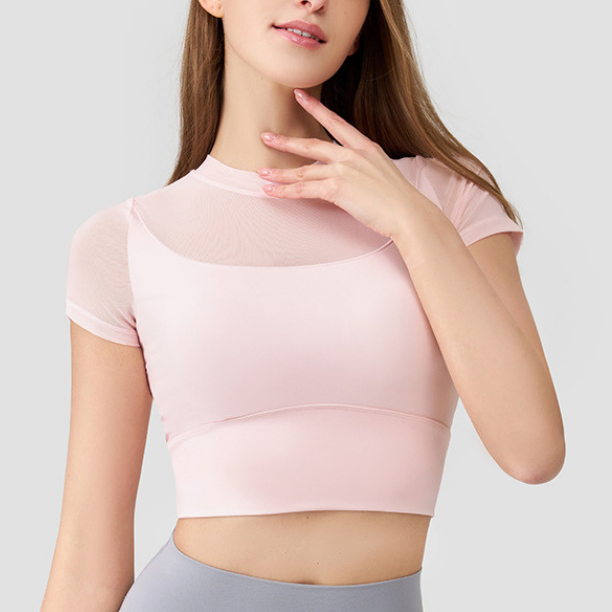 胸パッド付　シースルーメッシュ　スリム半袖トップス