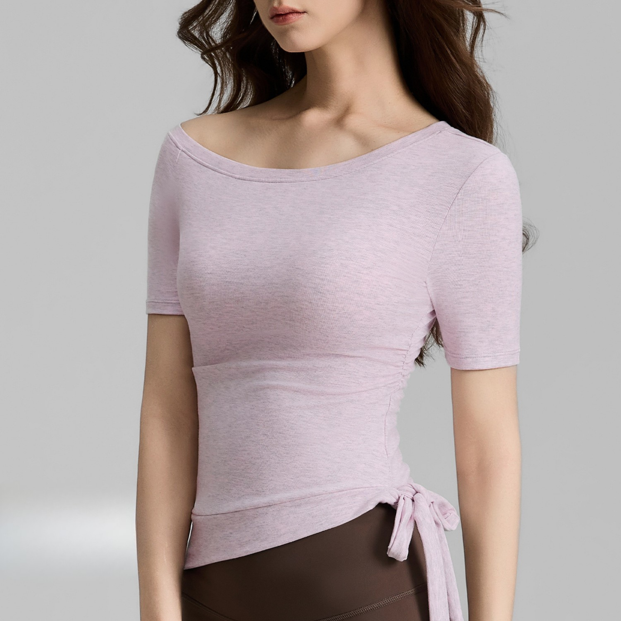 オフショルダー　リブ編み　半袖トップス