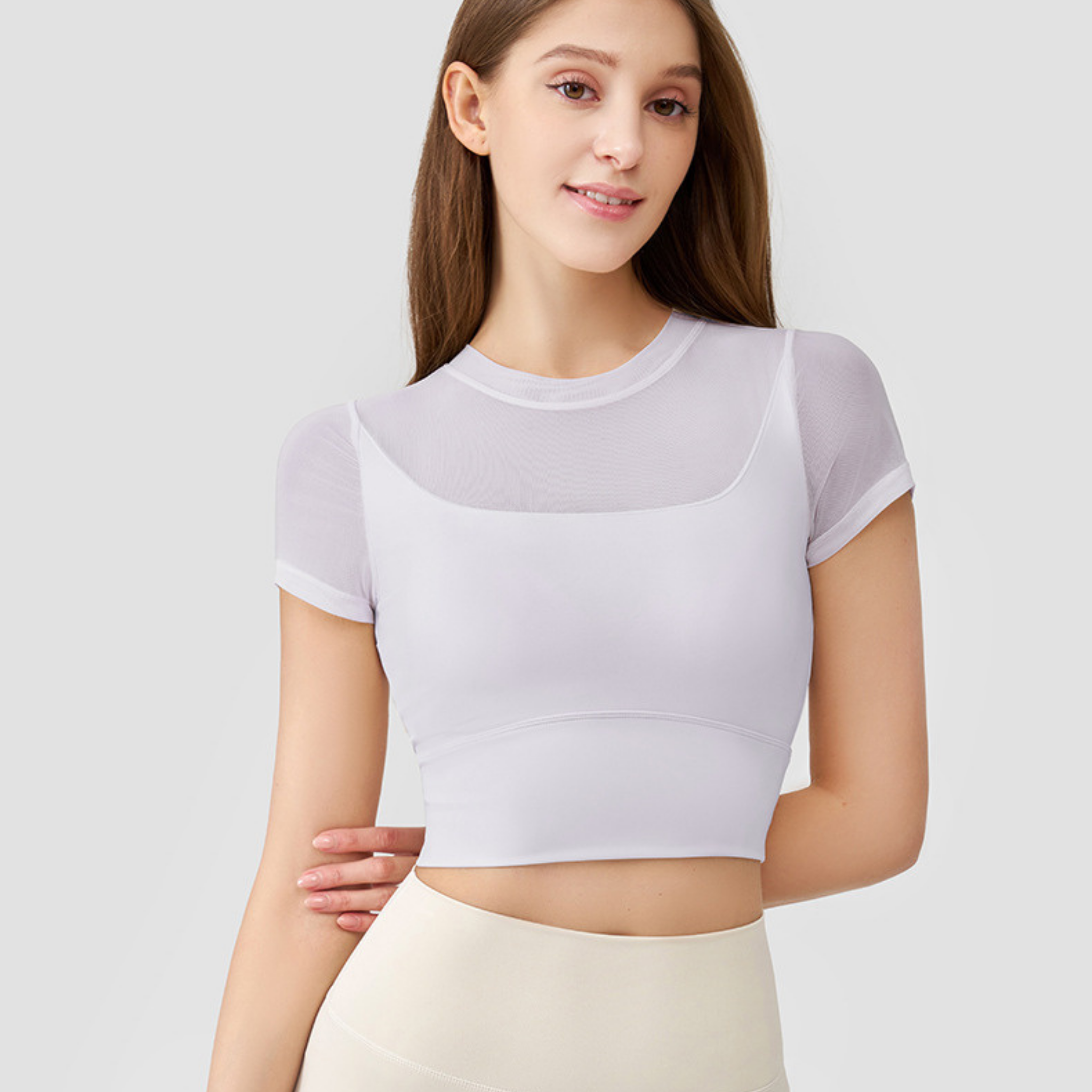 胸パッド付　シースルーメッシュ　スリム半袖トップス