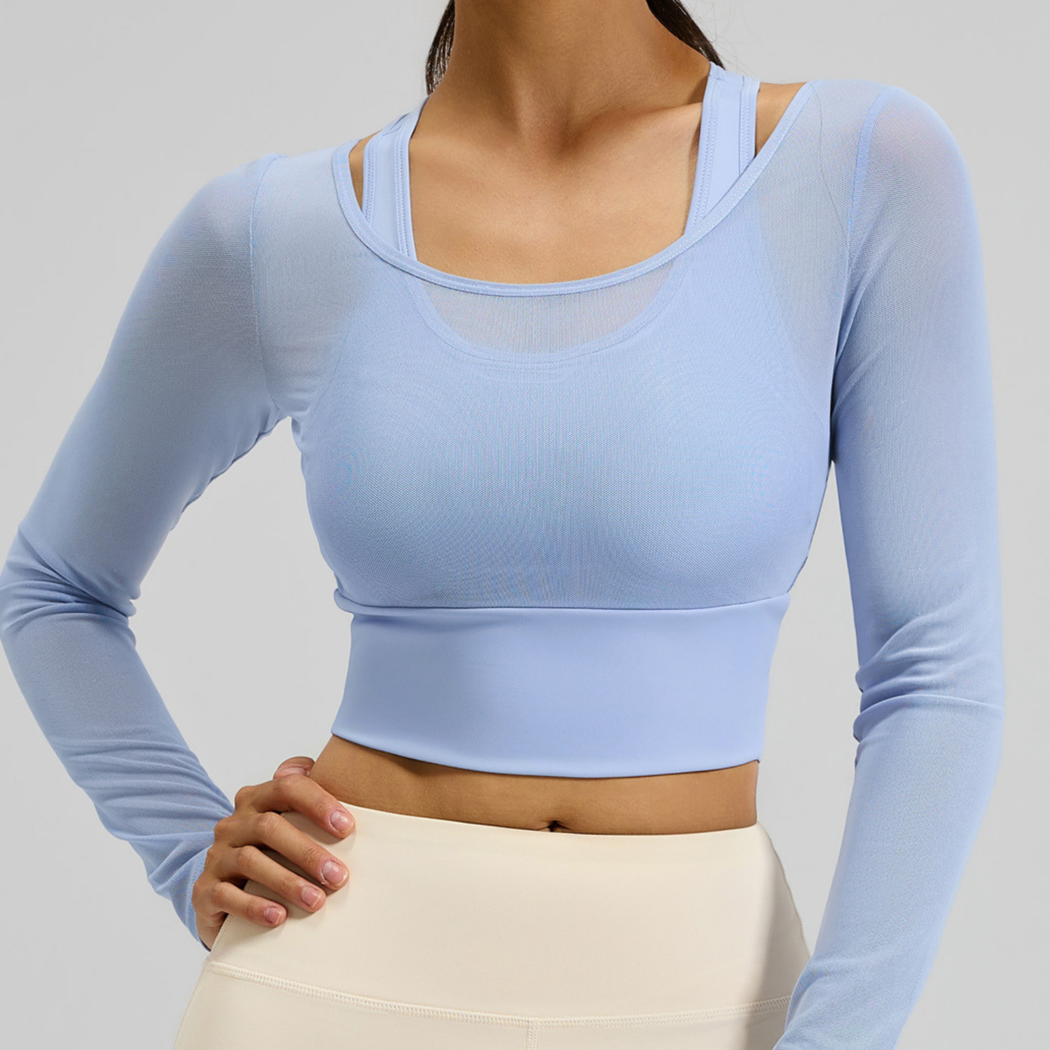 メッシュ　フェイクツーピース　ヨガトップス