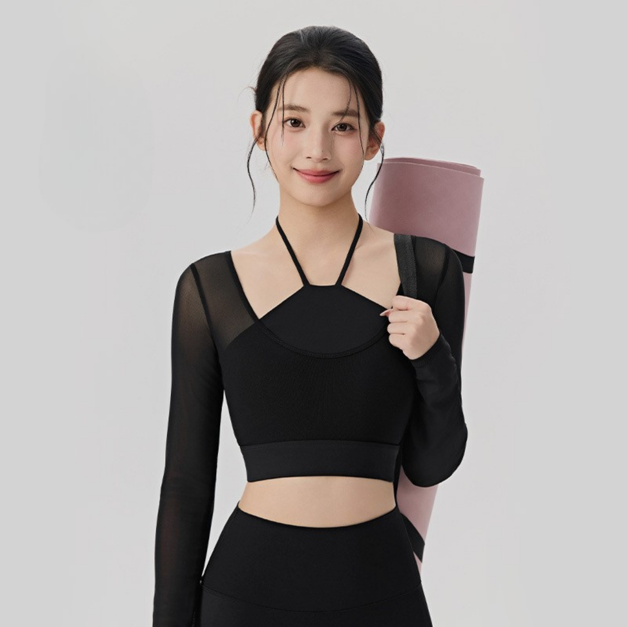 胸パッド付　フェイクツーピース　ホルターネック　長袖トップス