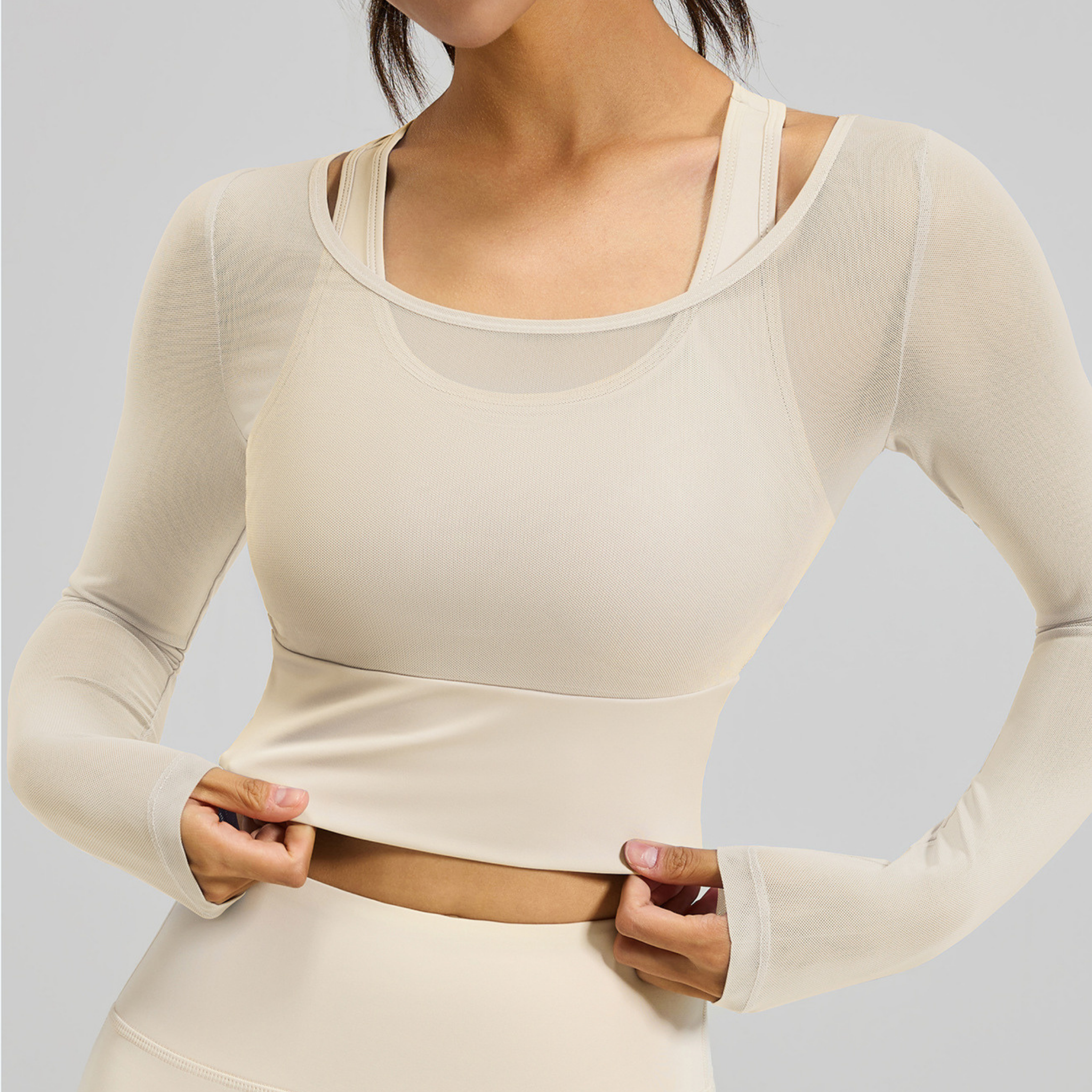 メッシュ　フェイクツーピース　ヨガトップス